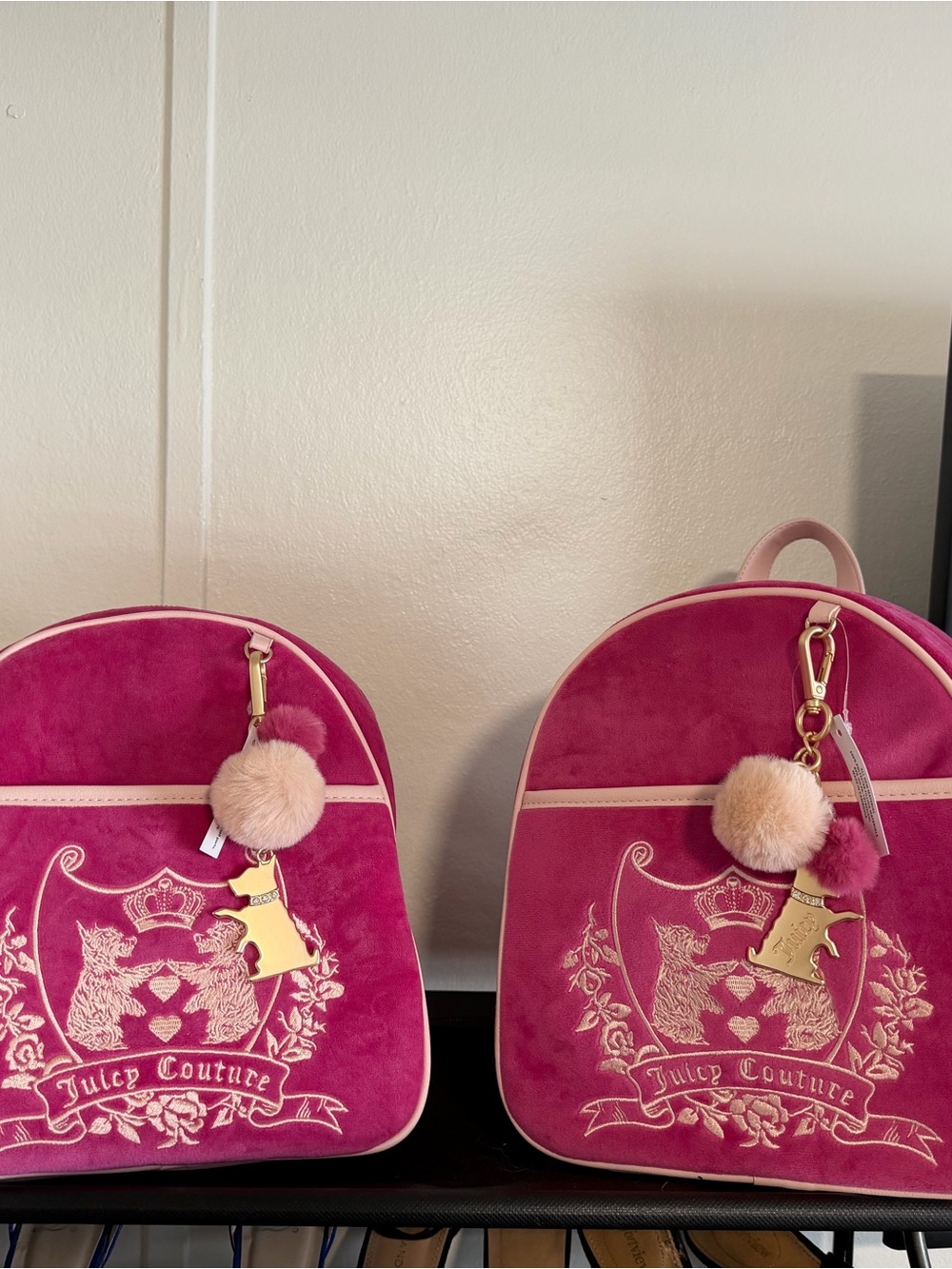 Juicy Couture Pink Velvet Mini Backpack with Pom Keychain